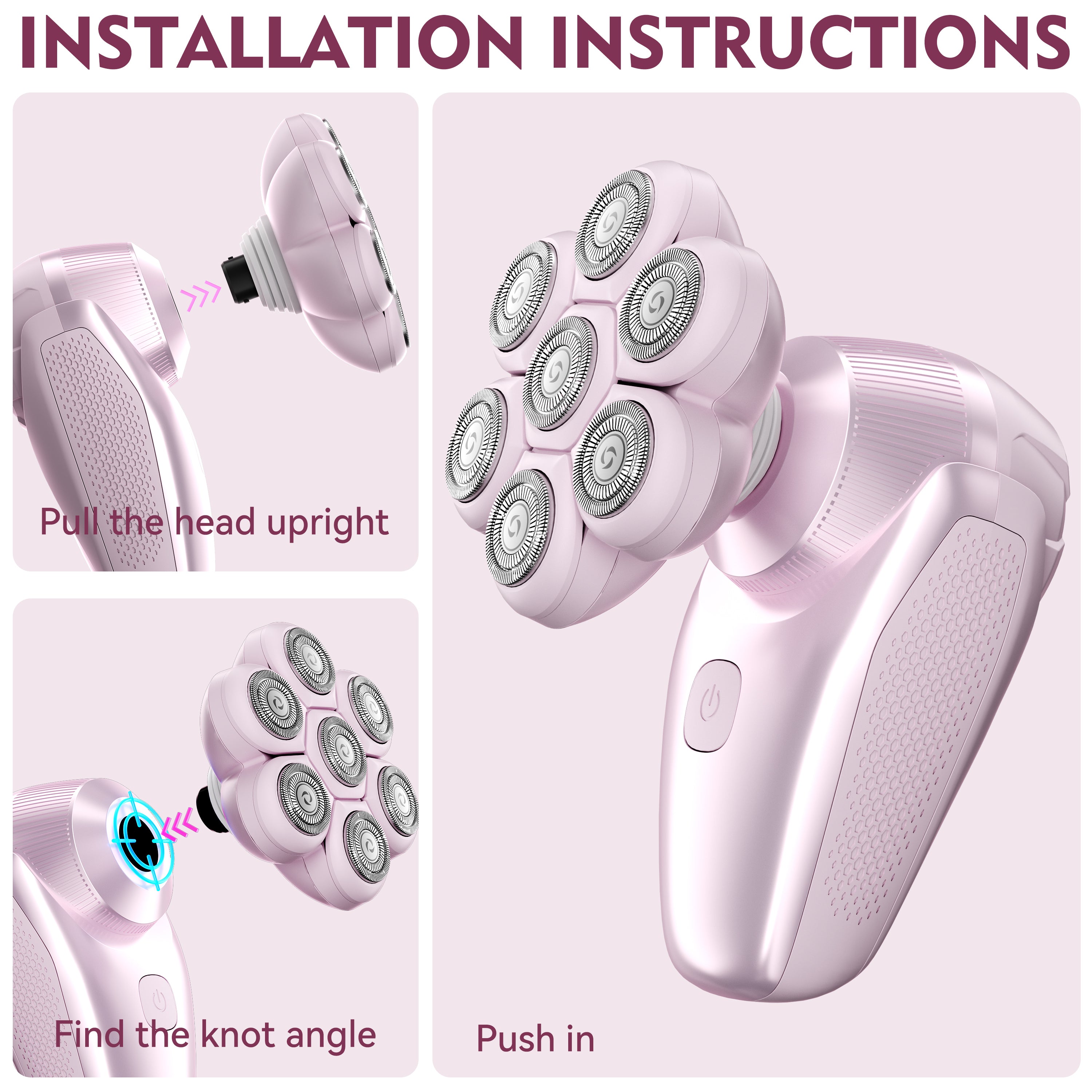 7D Floating Replacement Shaving Heads, Magnetic Detachable Blade, Pink