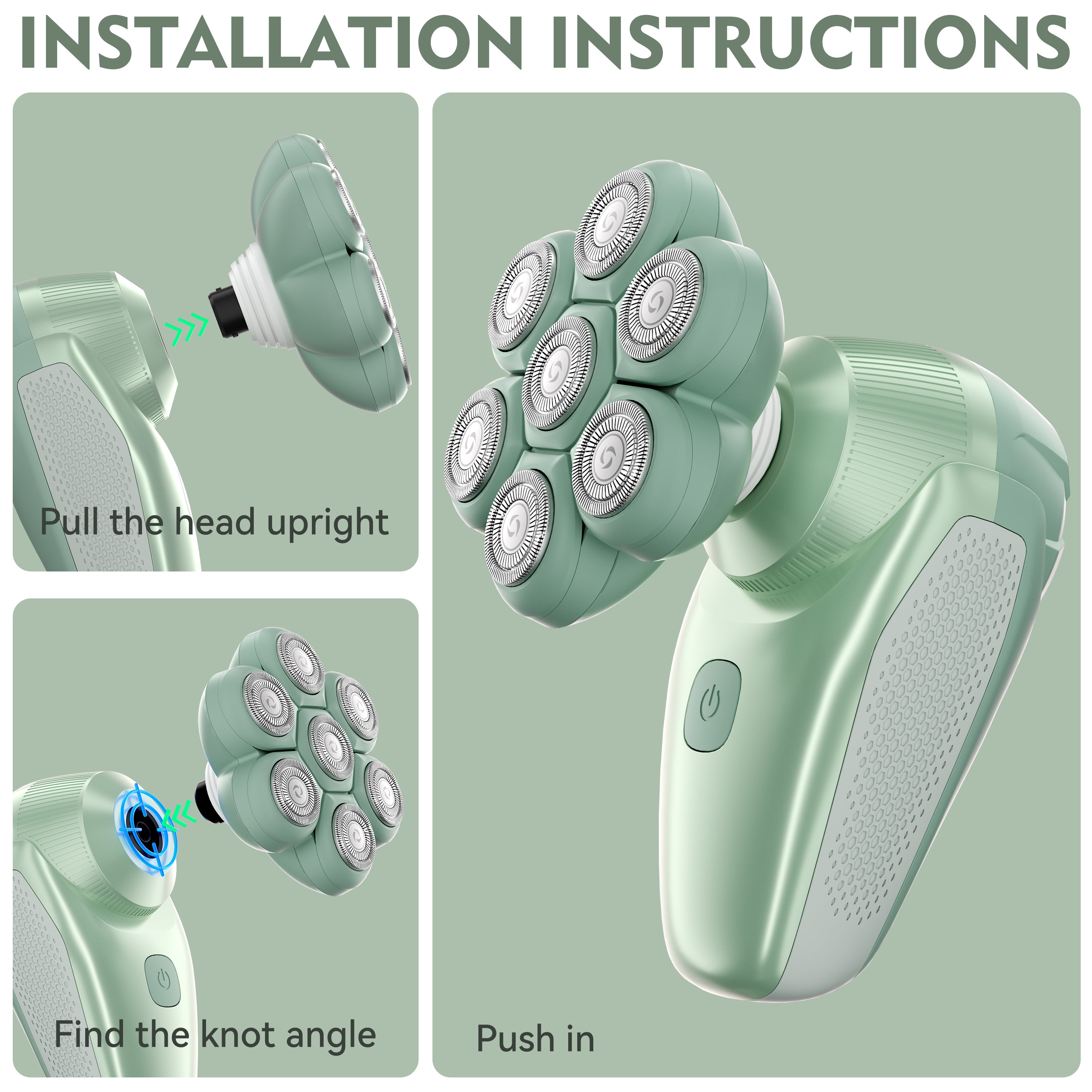 7D Floating Replacement Shaving Heads,Magnetic Detachable Blade, Mint Green